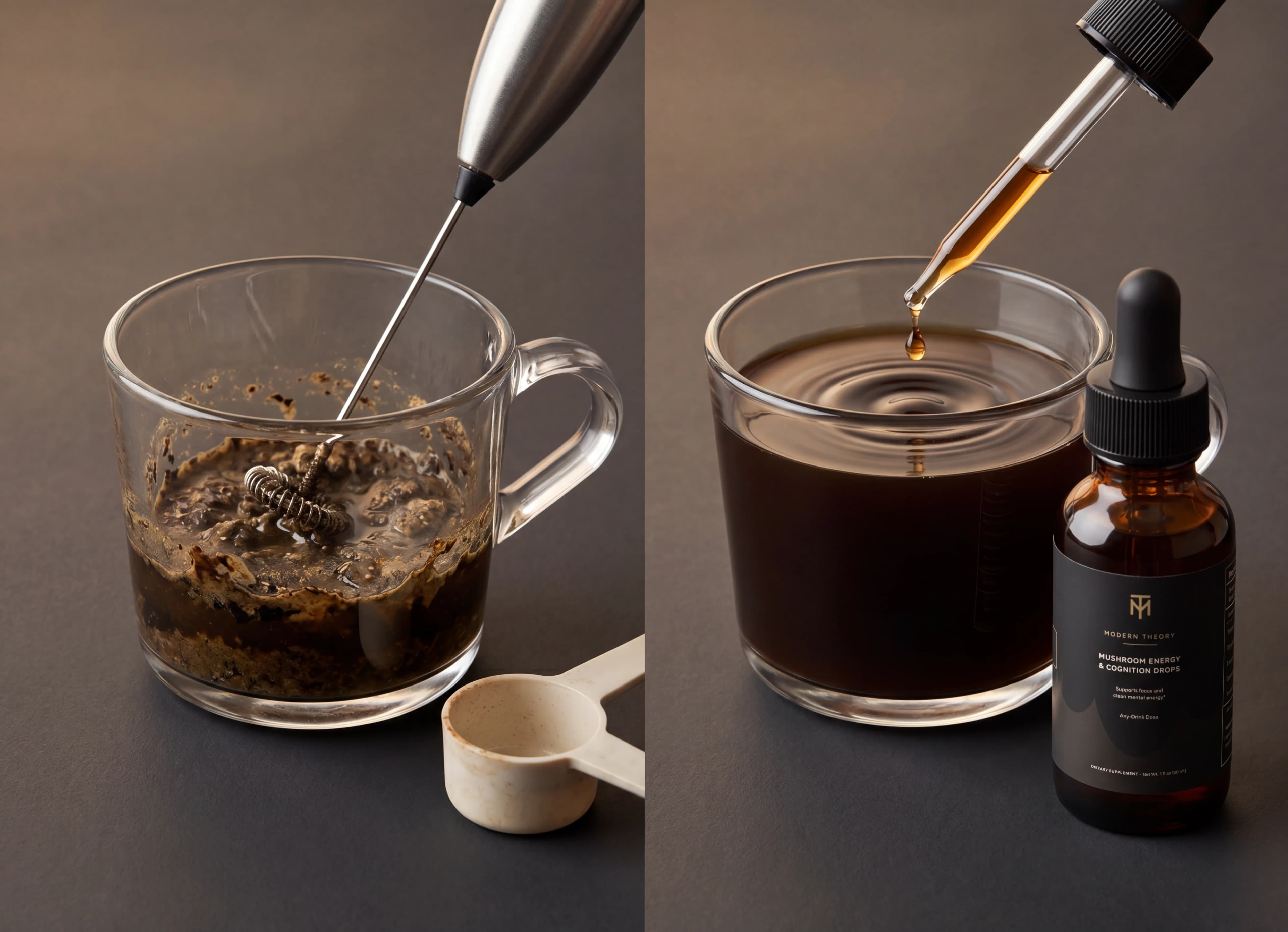 Visual contrast between gritty mushroom powder and clean Modern Theory liquid coffee