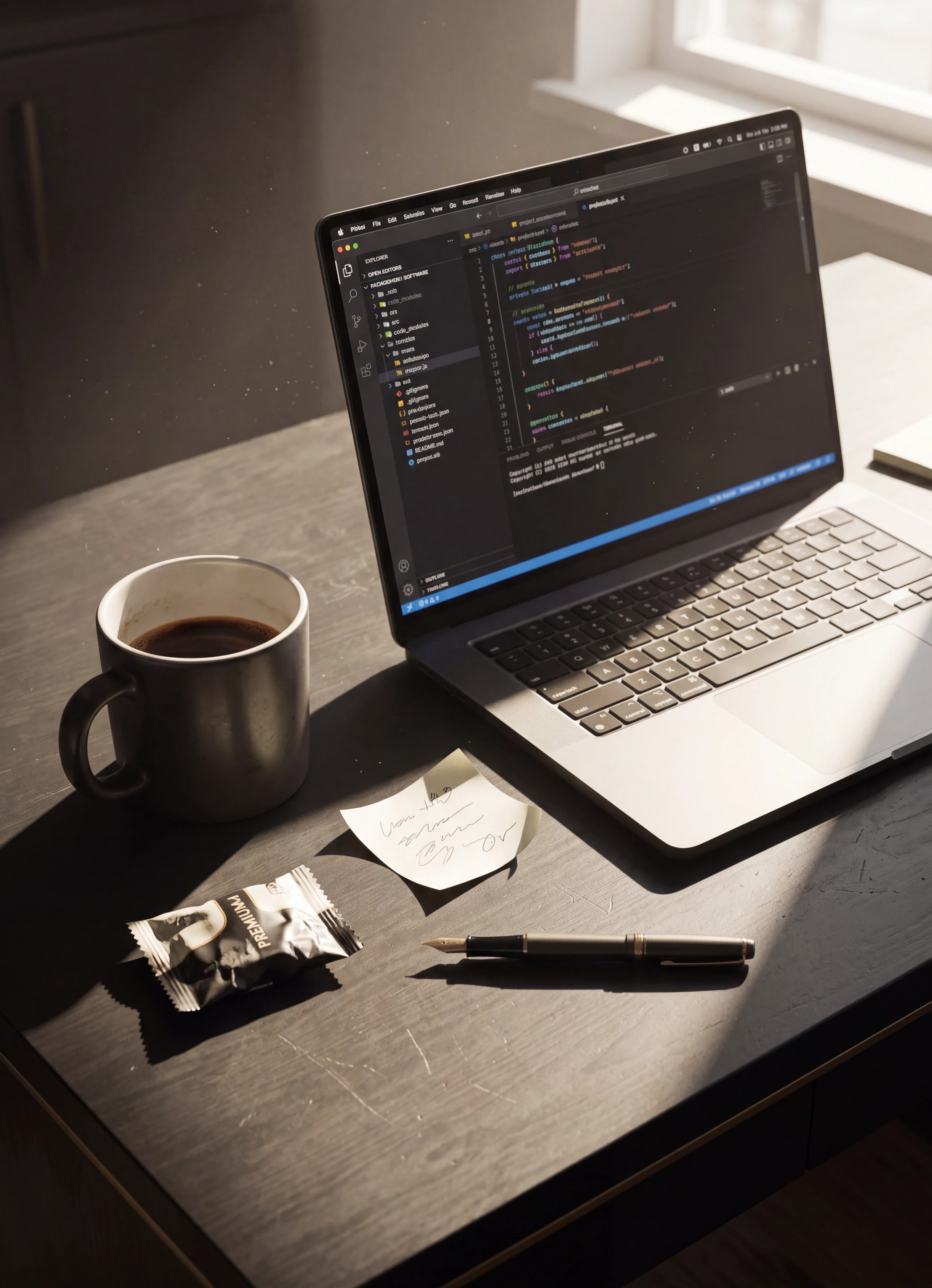 Afternoon work desk with coffee and laptop
