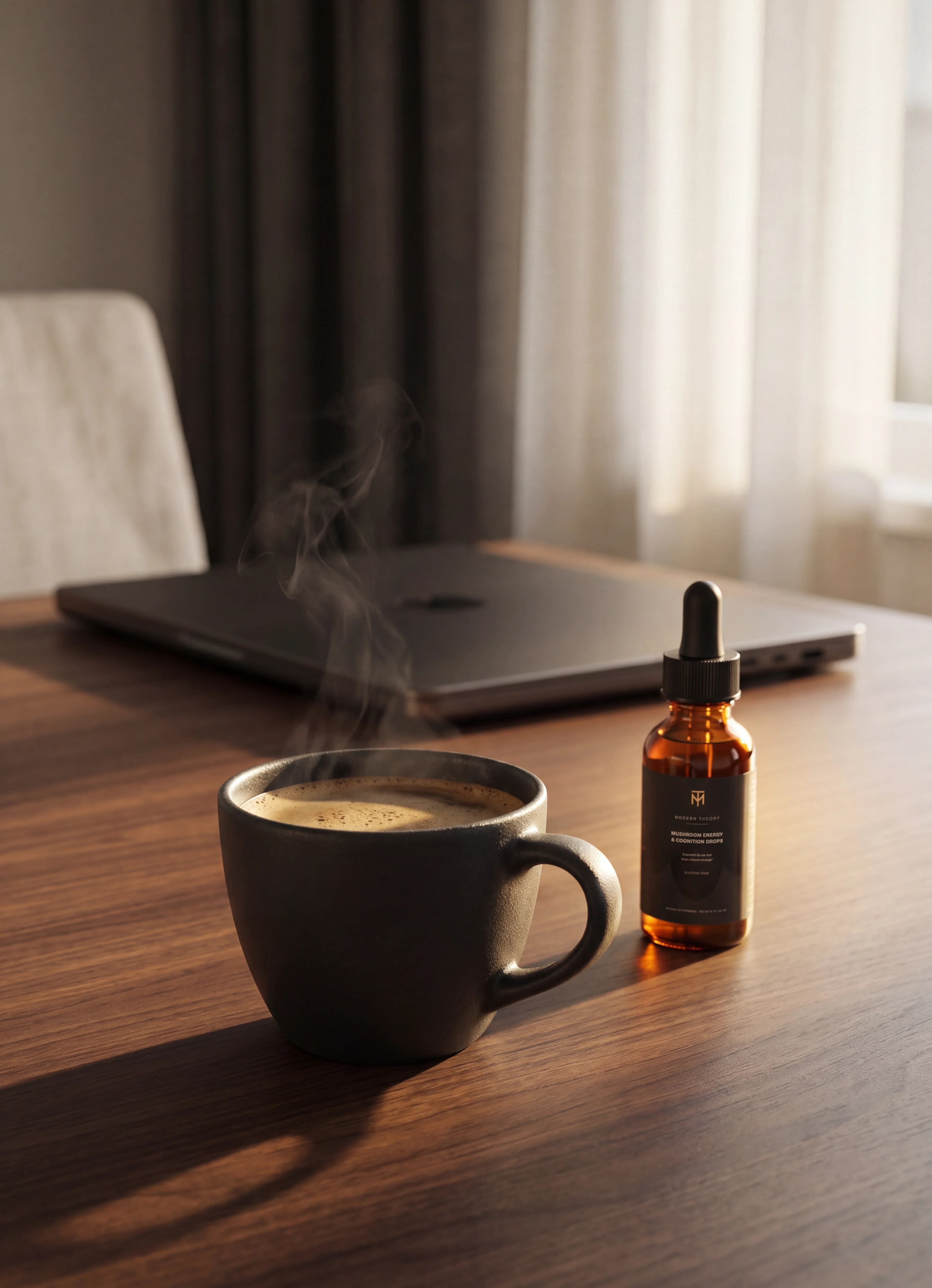 Morning coffee and Modern Theory bottle on a warm desk