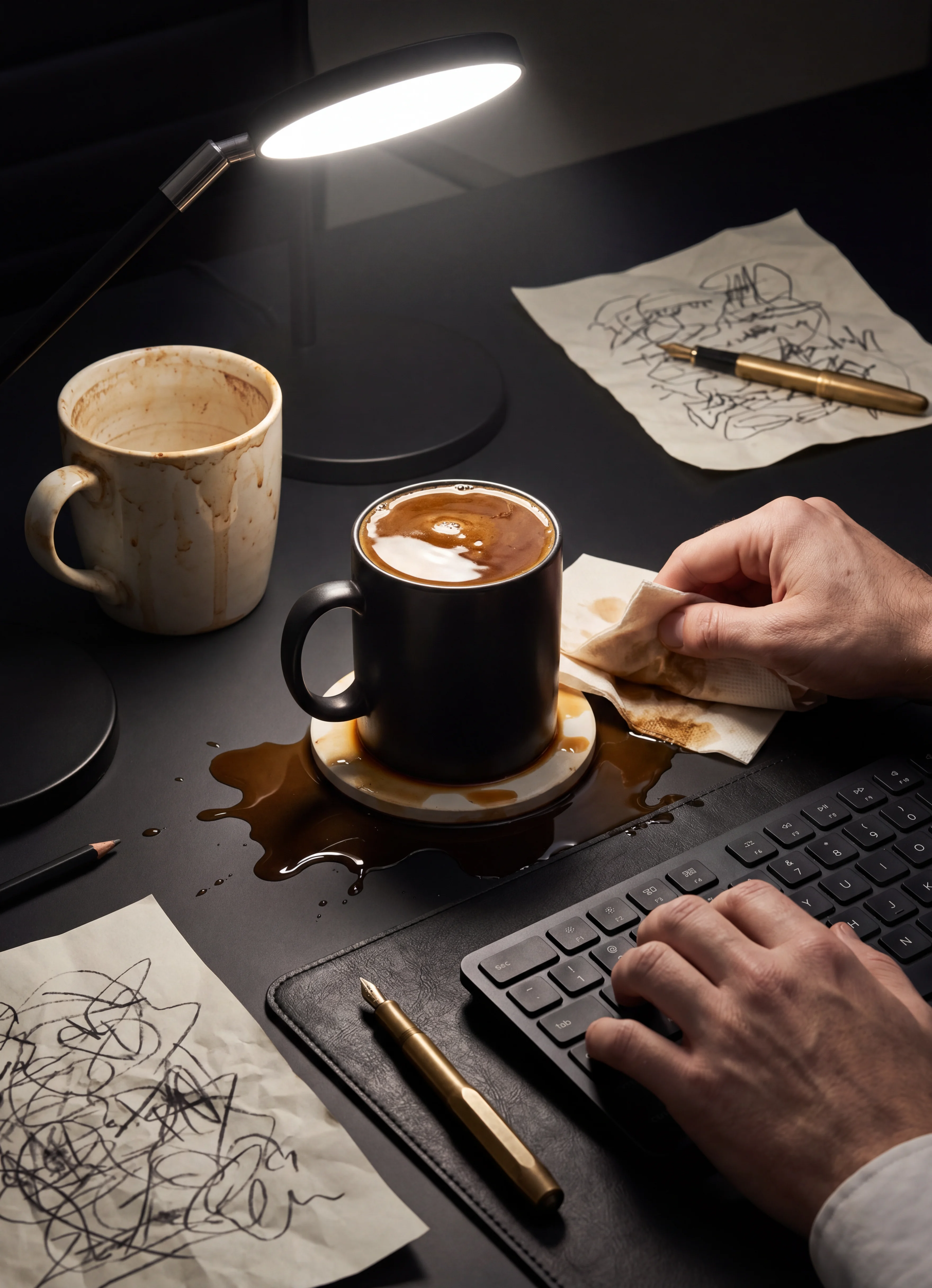 Messy late-work desk with spilled coffee and a second cup