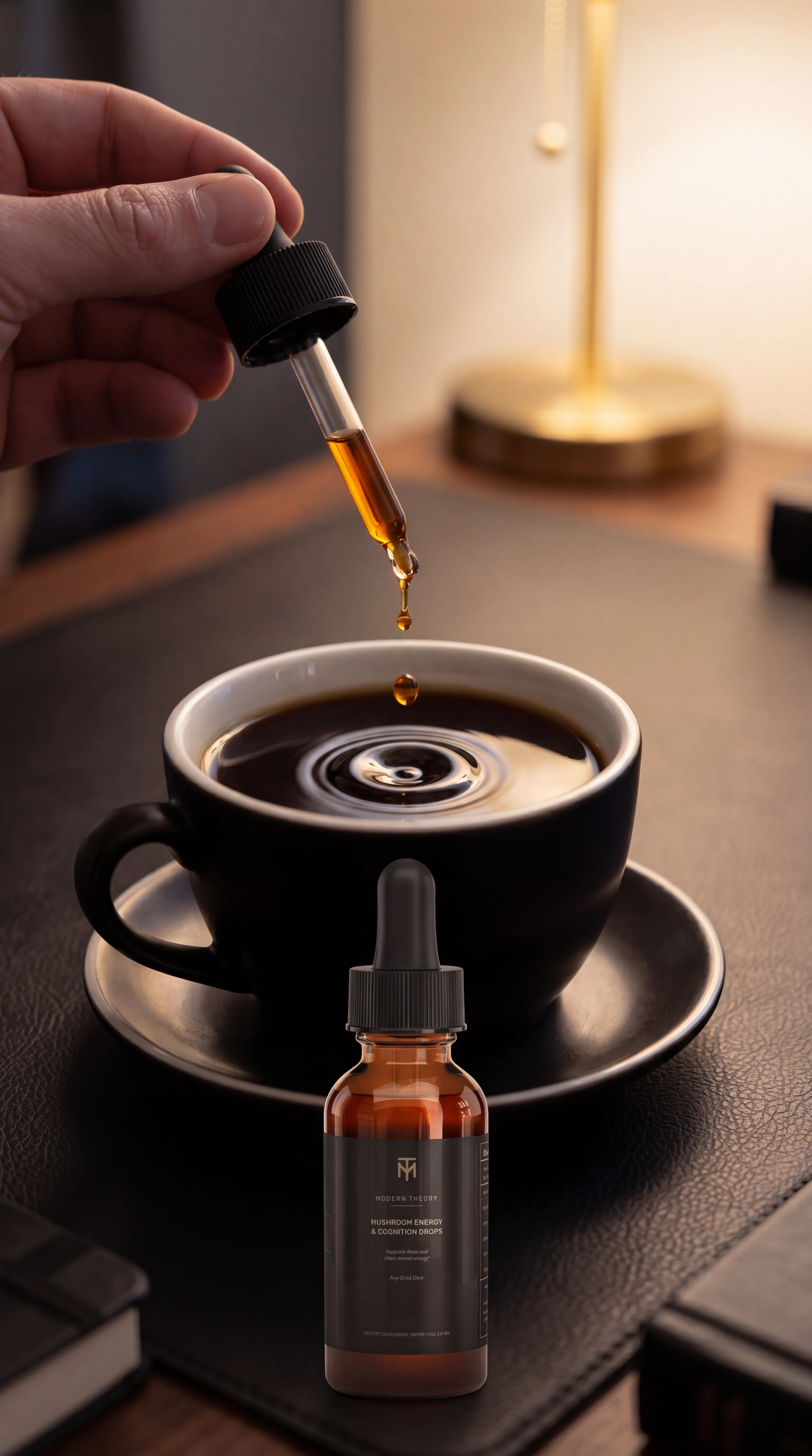Modern Theory dropper dosing amber liquid into coffee beside the bottle
