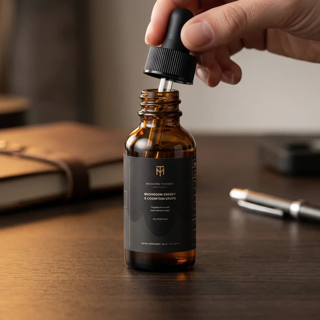 Modern Theory dropper bottle being opened on a desk